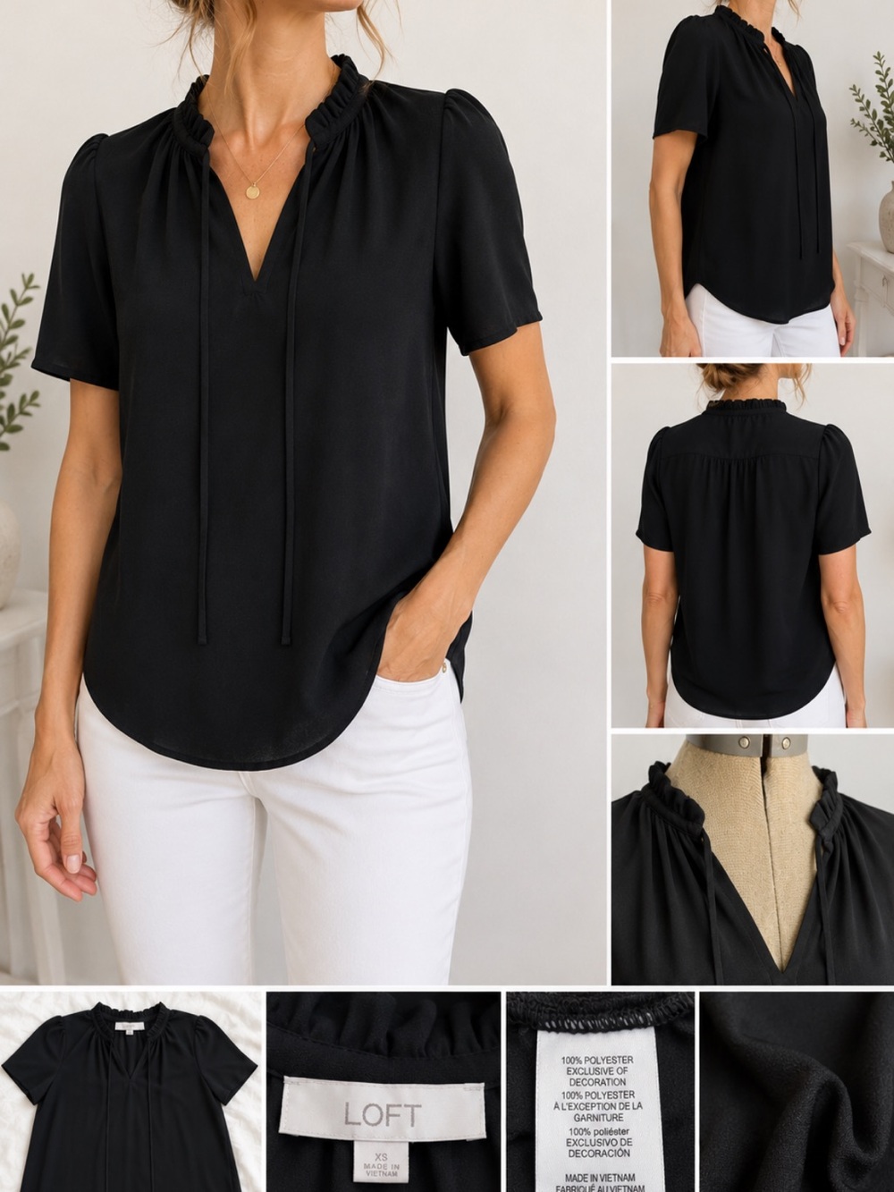 LOFT Black Ruffle Tie-Neck Short Sleeve Top